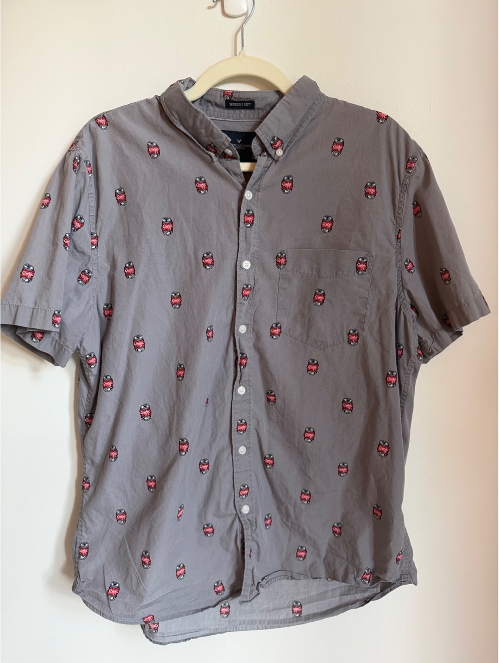 Abercrombie & Fitch Men's Gray Short Sleeve Button-Up Shirt with Soda Can Print,